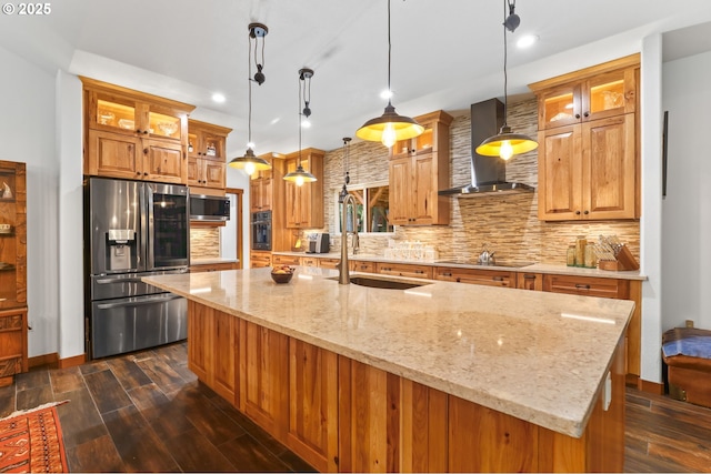 39100 SE Tumala Mountain Rd, Estacada, OR 97023 - kitchen with black appliances, wall chimney exhaust hood, dark wood finished floors, tasteful backsplash, and recessed lighting