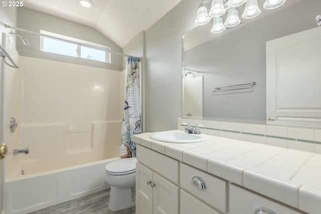 1507 Bogart Ln, Eugene, OR 97401 - bathroom with vanity, shower / bath combination with curtain, lofted ceiling, and wood finished floors