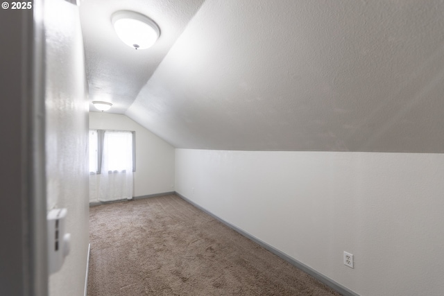 additional living space with carpet, vaulted ceiling, a textured ceiling, and baseboards