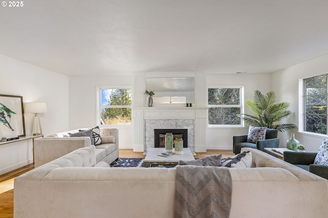 living room featuring a premium fireplace, plenty of natural light, and light wood-type flooring