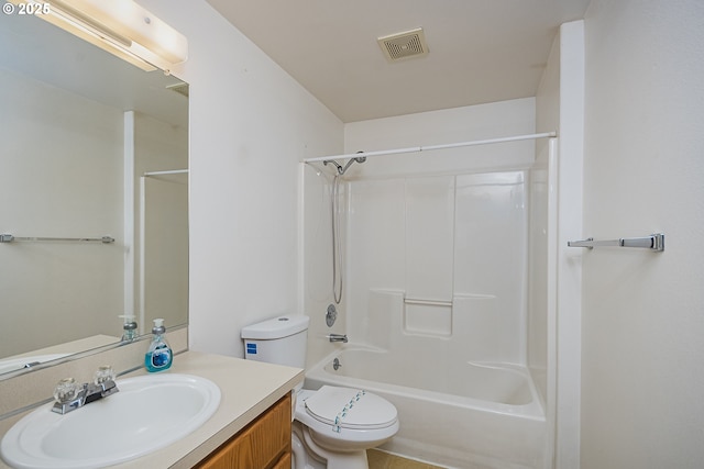 full bathroom featuring toilet, shower / tub combination, visible vents, and vanity