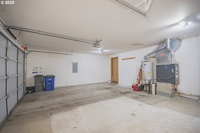 garage with gas water heater, heating unit, electric panel, and a garage door opener