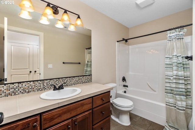 14727 Purple Ash Way, Oregon City, OR 97045 - bathroom featuring vanity, tasteful backsplash, toilet, shower / bathtub combination with curtain, and tile patterned flooring