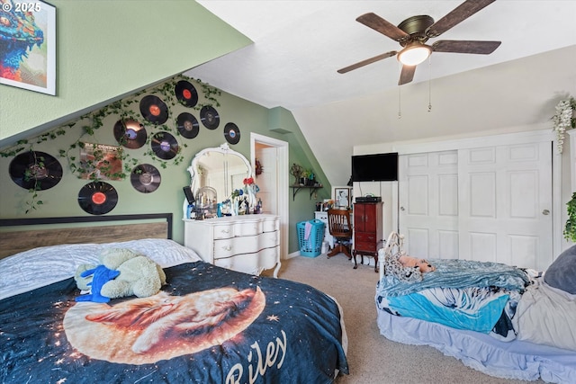 69768 Hwy 237, Cove, OR 97824 - bedroom featuring a closet, carpet flooring, a ceiling fan, and vaulted ceiling