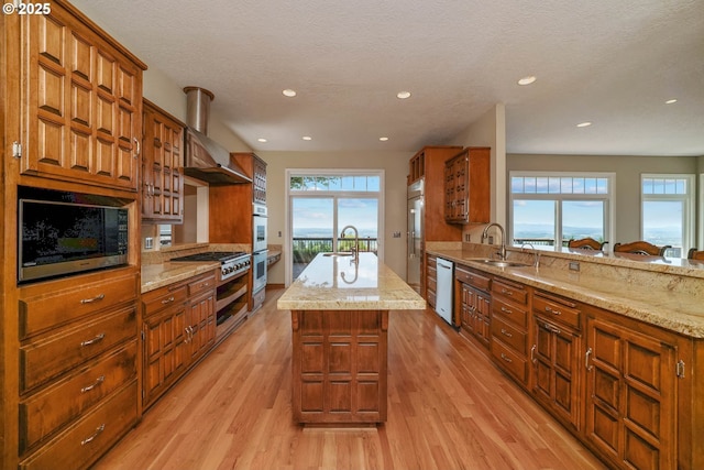 3794 E Nanitch Cir S, Salem, OR 97306 - kitchen featuring wall chimney range hood, appliances with stainless steel finishes, a sink, light wood-style floors, and recessed lighting