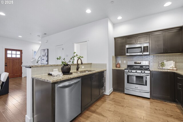 kitchen featuring a peninsula, appliances with stainless steel finishes, a sink, and light wood-style flooring