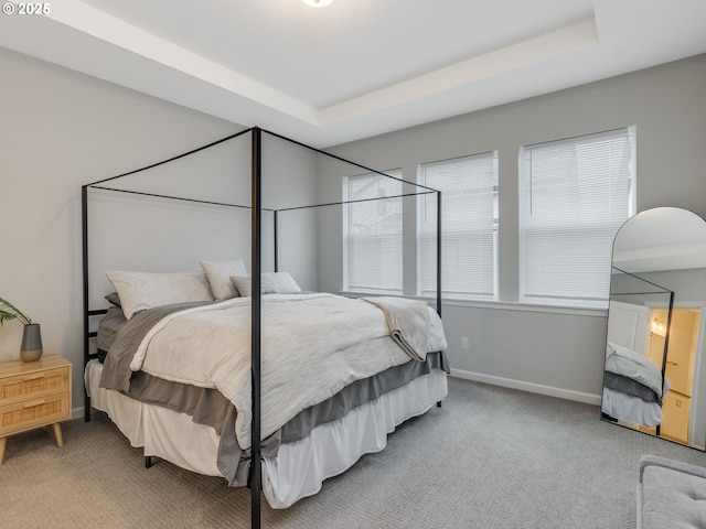 bedroom with a raised ceiling and light carpet