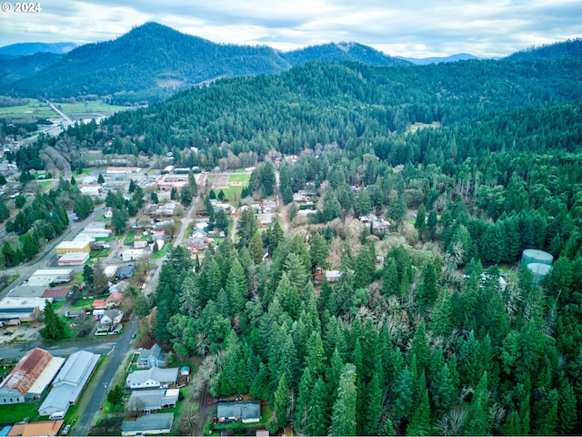 aerial view featuring a forest view and a mountain view