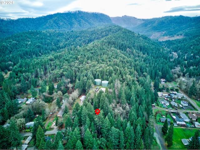 drone / aerial view with a mountain view and a wooded view