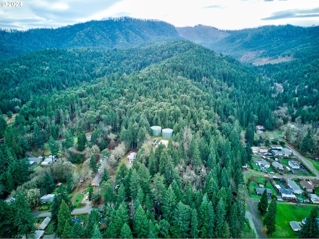 birds eye view of property with a mountain view and a wooded view