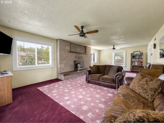 217 N Main St, Halfway, OR 97834 - carpeted living room featuring ceiling fan, a textured ceiling, and a brick fireplace