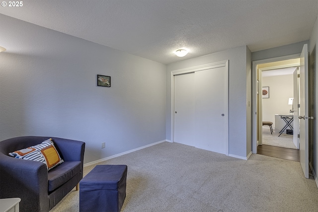 sitting room featuring carpet, baseboards, and a textured ceiling