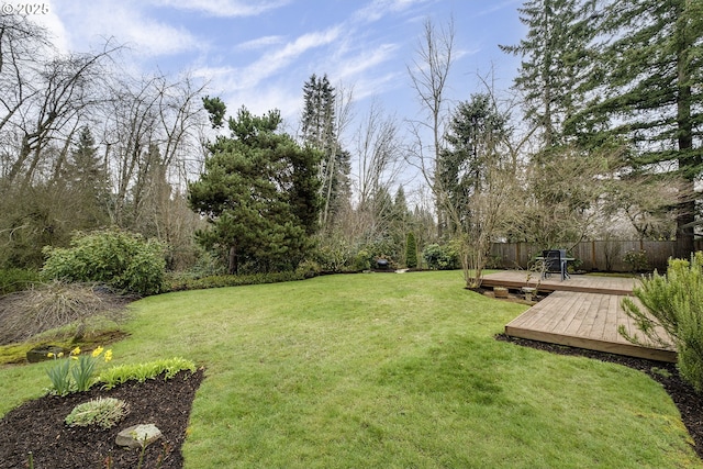 view of yard with fence and a wooden deck