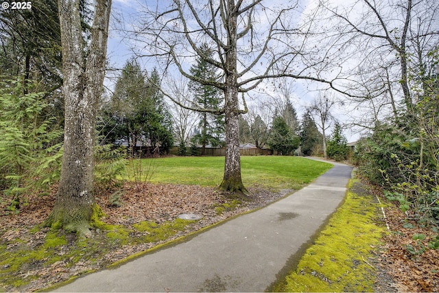 view of community featuring a yard and fence