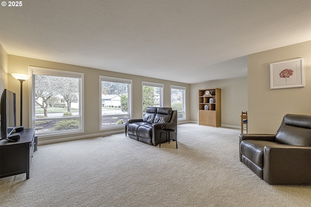 living room with baseboards, carpet, and a textured ceiling