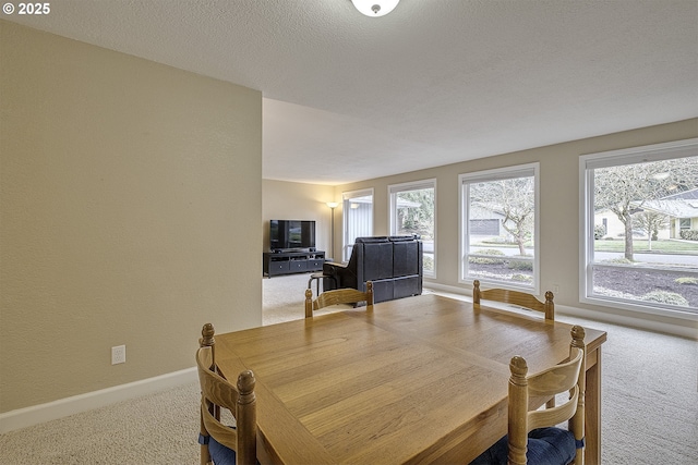 dining space featuring a textured ceiling, baseboards, and carpet