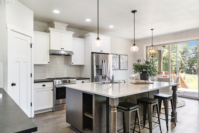 31870 SE Grace St, Gresham, OR 97080 - kitchen featuring stainless steel appliances, backsplash, dark wood-type flooring, white cabinets, and recessed lighting