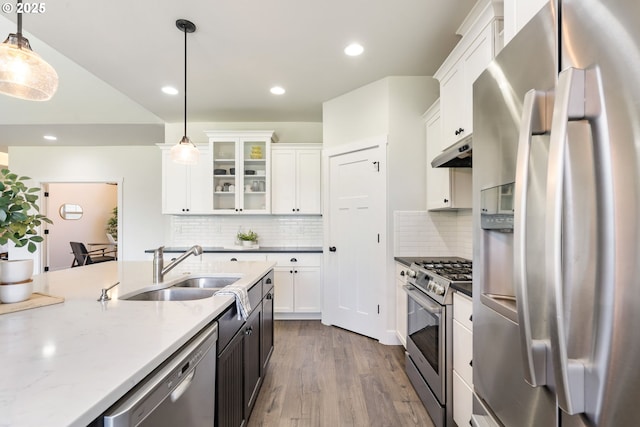 31870 SE Grace St, Gresham, OR 97080 - kitchen featuring stainless steel appliances, under cabinet range hood, white cabinetry, wood finished floors, and recessed lighting