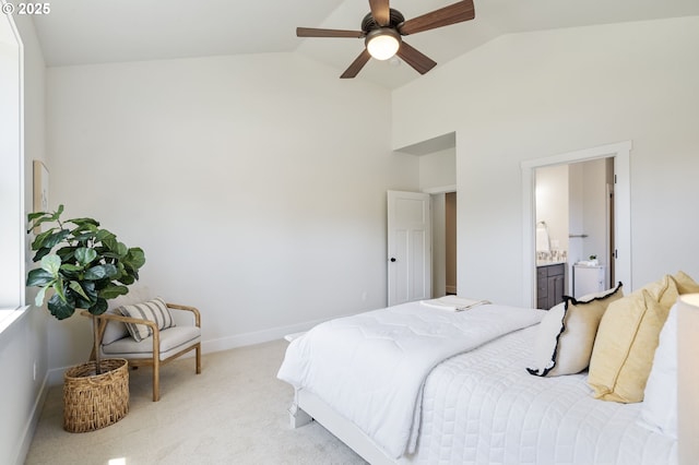 31870 SE Grace St, Gresham, OR 97080 - bedroom with light carpet, a ceiling fan, high vaulted ceiling, and connected bathroom