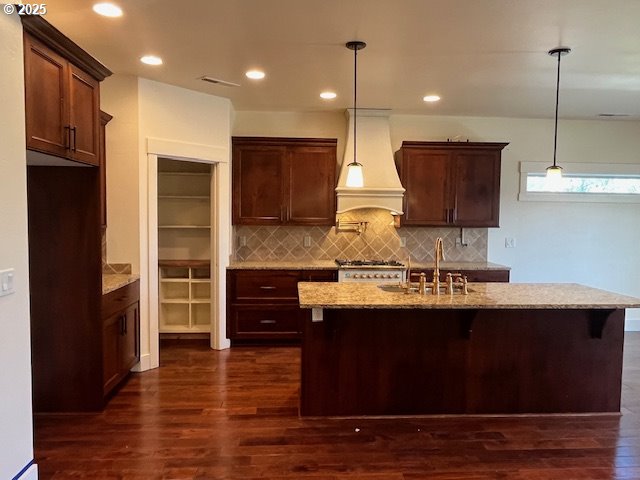 101 Rome St, Boardman, OR 97818 - kitchen with decorative backsplash, a sink, light stone counters, custom exhaust hood, and dark wood-style floors