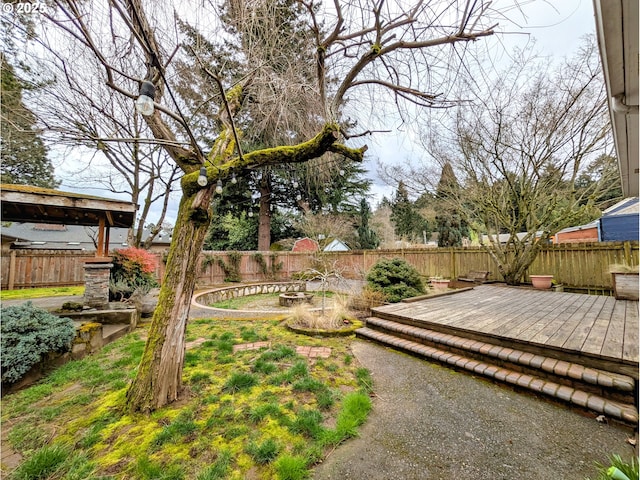 view of yard with a deck and a fenced backyard