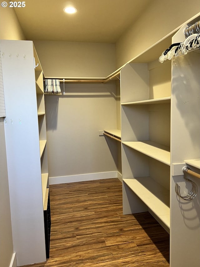 walk in closet with dark wood-style flooring