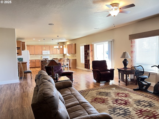 living room featuring ceiling fan with notable chandelier, light hardwood / wood-style floors, and a textured ceiling