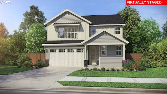 view of front facade featuring concrete driveway, board and batten siding, an attached garage, and fence