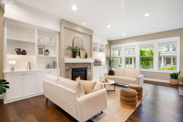 3935 NW 75th Ave, Camas, WA 98607 - living area featuring a fireplace, dark wood finished floors, recessed lighting, and built in shelves