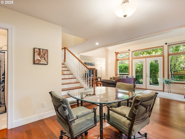 15700 SW Division St, Beaverton, OR 97007 - dining room featuring stairway, french doors, wood finished floors, and recessed lighting
