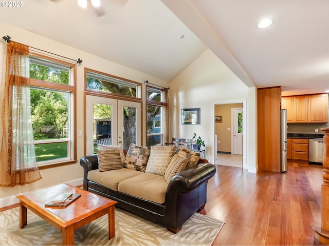 15700 SW Division St, Beaverton, OR 97007 - living room with wood finished floors, ceiling fan, high vaulted ceiling, french doors, and recessed lighting