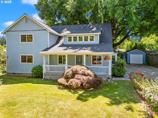 15700 SW Division St, Beaverton, OR 97007 - view of front of house featuring covered porch, asphalt driveway, an outdoor structure, a garage, and a front lawn