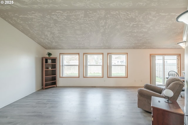 unfurnished living room with lofted ceiling, light wood-style floors, and a textured ceiling