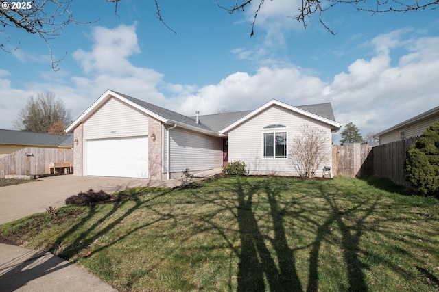 single story home with a garage, driveway, a front lawn, and fence