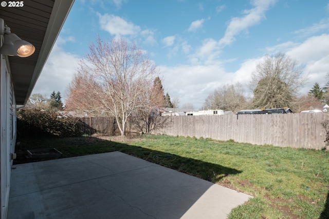 view of yard featuring a patio area and a fenced backyard