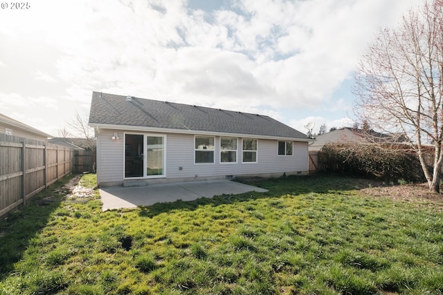 rear view of property with a patio area, a fenced backyard, and a lawn