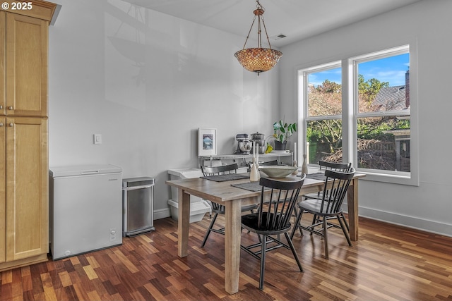 dining room with visible vents, baseboards, and dark wood-style flooring