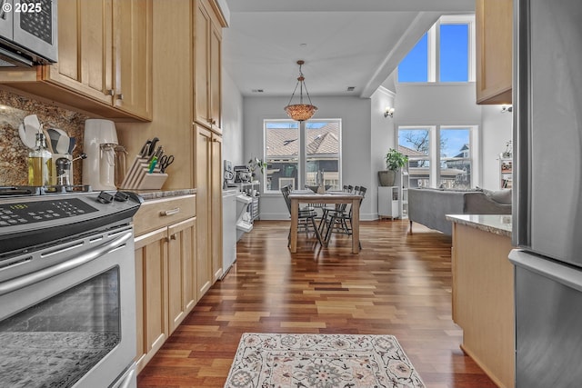 kitchen featuring backsplash, wood finished floors, light brown cabinets, and appliances with stainless steel finishes