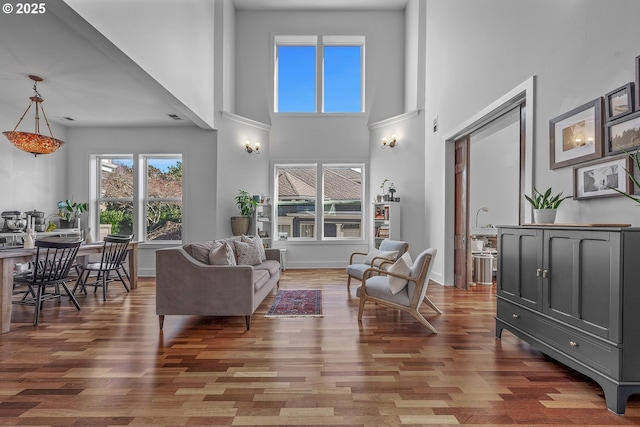 living area featuring wood finished floors, baseboards, and a towering ceiling