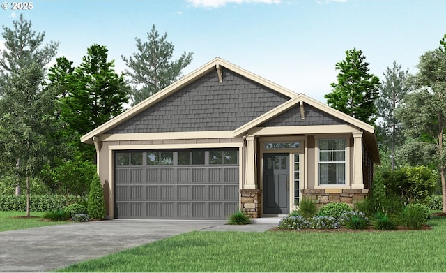 view of front of property featuring a front lawn, stone siding, driveway, and an attached garage