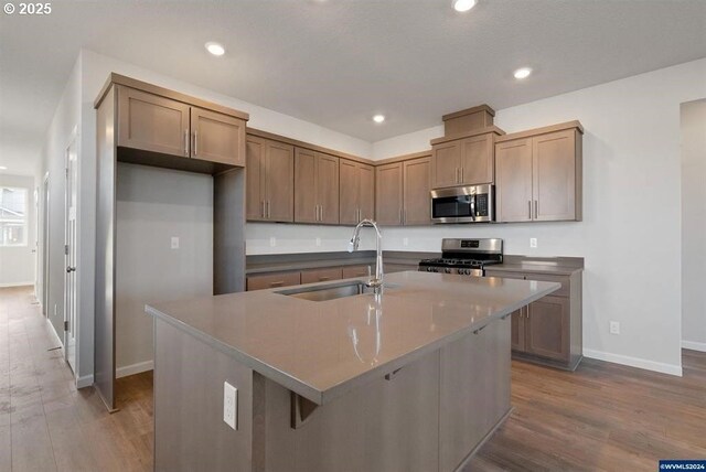 kitchen featuring stainless steel appliances, wood finished floors, a sink, and a kitchen island with sink