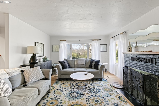 living area with crown molding, a textured ceiling, and wood finished floors