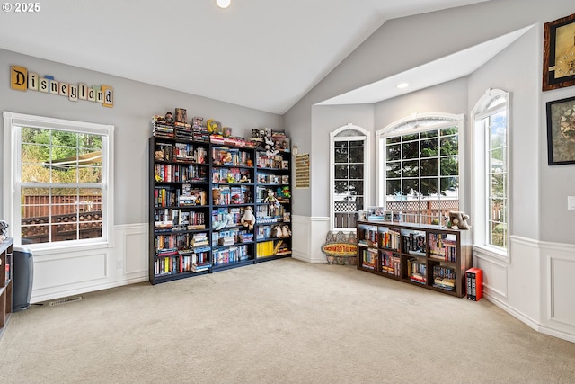 3303 NE 141st St, Vancouver, WA 98686 - sitting room with carpet flooring, a wainscoted wall, lofted ceiling, a decorative wall, and recessed lighting
