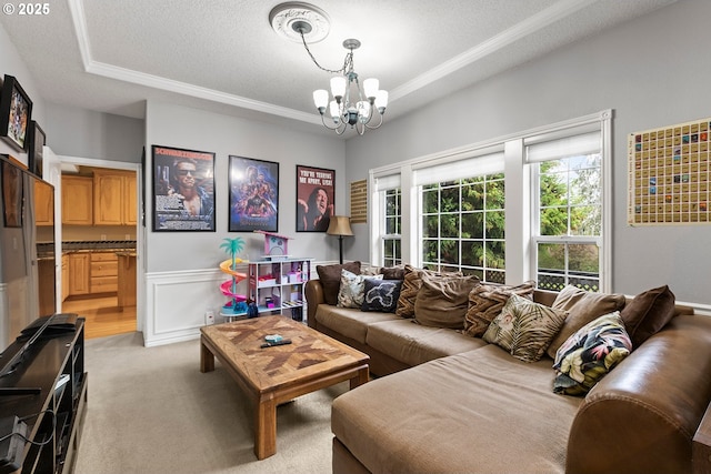 3303 NE 141st St, Vancouver, WA 98686 - living area with a raised ceiling, a chandelier, light carpet, a textured ceiling, and ornamental molding