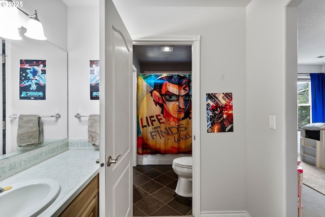 3303 NE 141st St, Vancouver, WA 98686 - bathroom with vanity, tile patterned flooring, toilet, and a shower with curtain
