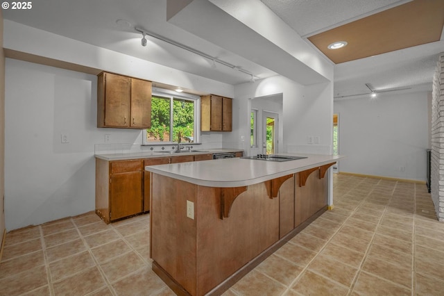 32813 NW Peak Rd, Scappoose, OR 97056 - kitchen featuring track lighting, brown cabinetry, light countertops, a sink, and a kitchen breakfast bar