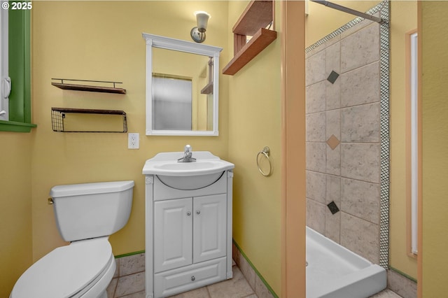 32813 NW Peak Rd, Scappoose, OR 97056 - bathroom featuring toilet, a stall shower, vanity, and tile patterned flooring