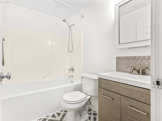 full bathroom with shower / tub combination, tile patterned flooring, backsplash, vanity, and toilet