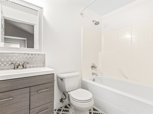 full bathroom with tasteful backsplash, vanity, toilet, and shower / bathing tub combination