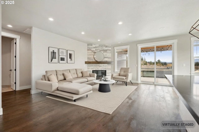 1730 N 12th St, Washougal, WA 98671 - living room with a fireplace, wood finished floors, baseboards, and recessed lighting